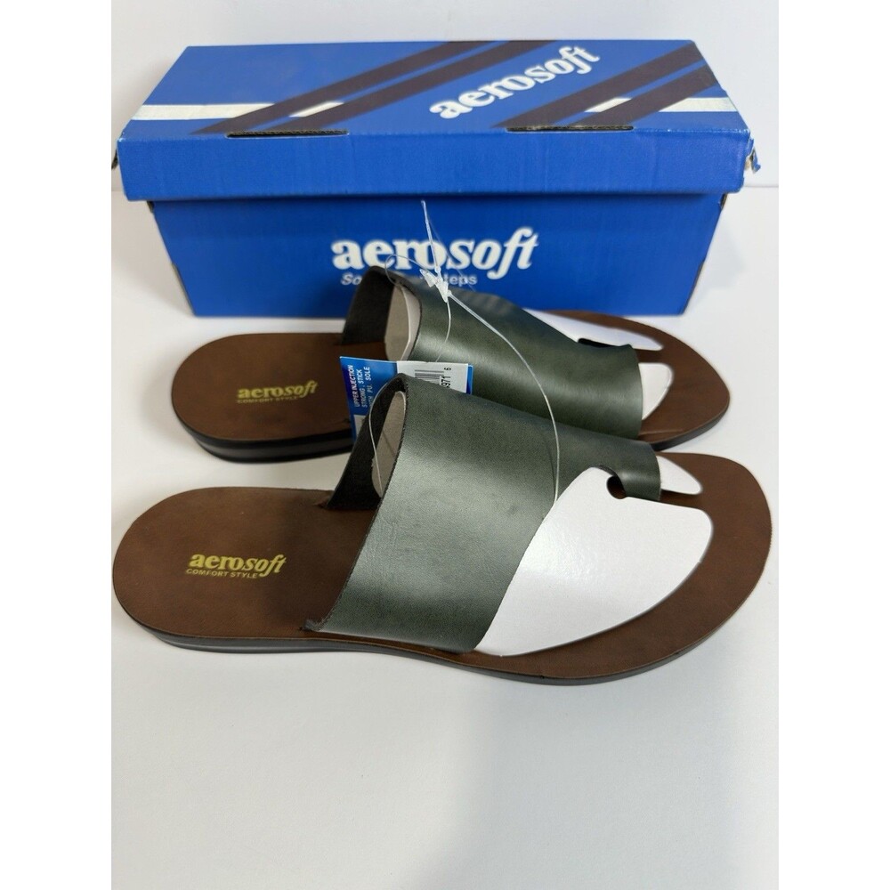 Aerosoft LS4830 Green  Leather Toe Loop Slide Sandals Womens US 9 EU 40 NIB - Picture 2 of 9